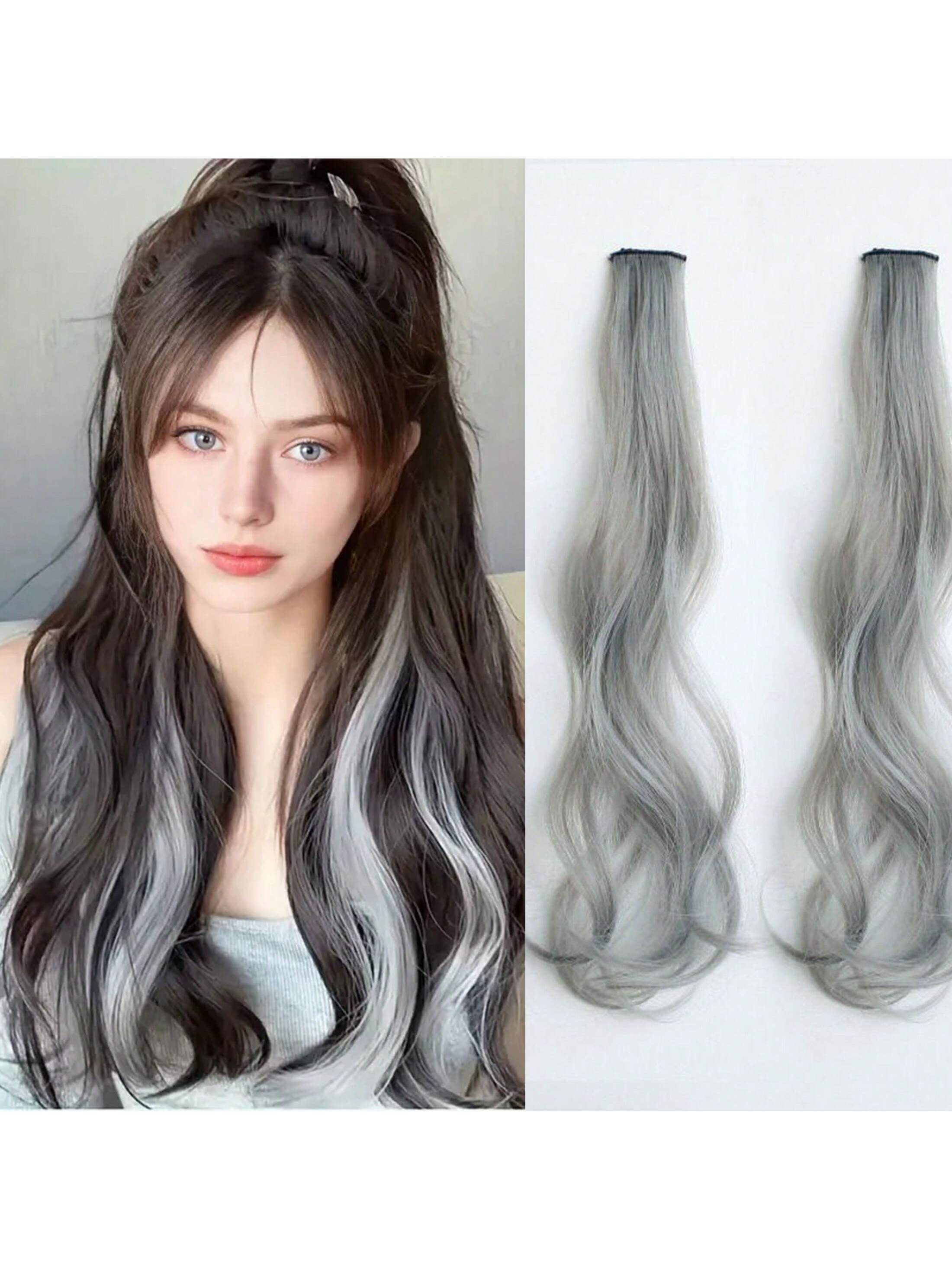 1pc Grey Hair Extension For Women, Big Wavy Style With Ear Clip
