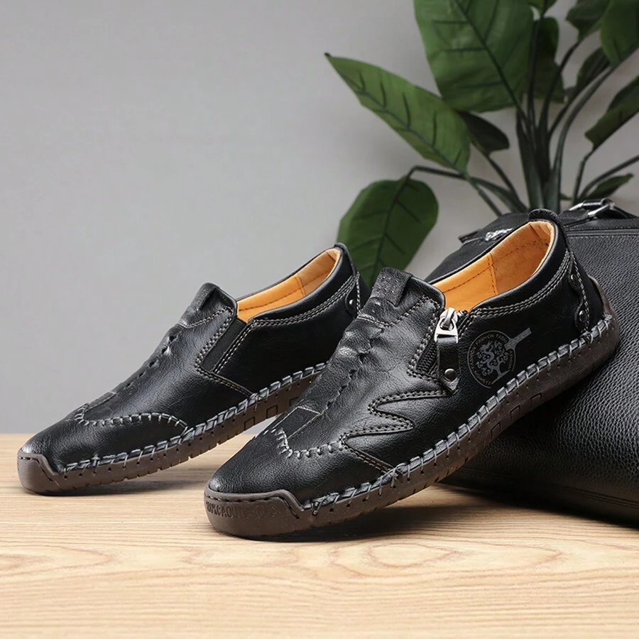 Men's Low-Cut Round Toe Business Casual Shoes, Handmade Comfortable Loafers For Spring & Autumn, Leather Shoes For Outdoor Walking
