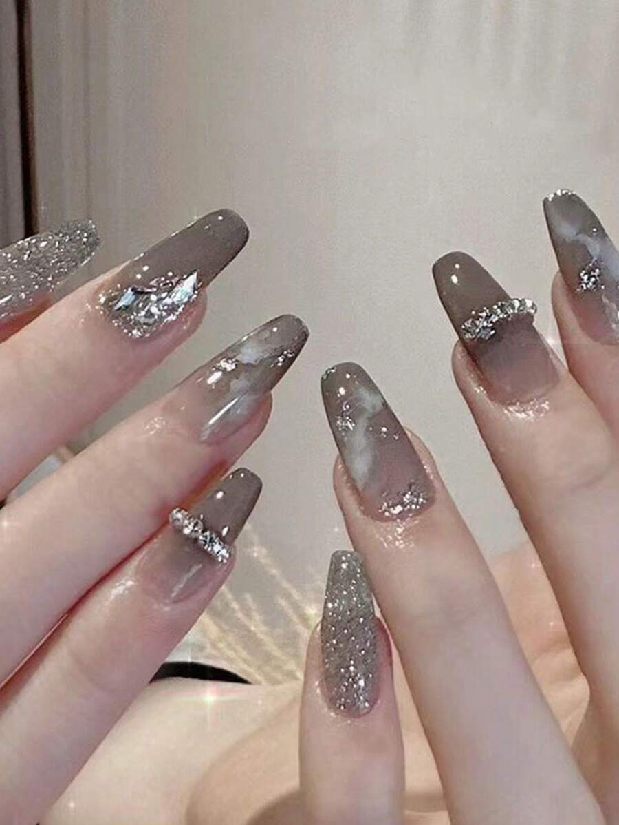 24pcs/Set Coffin Shaped False Nails With 1pc Nail File And 1pc Soak-Off Gel Press On Nails Nail Supplies