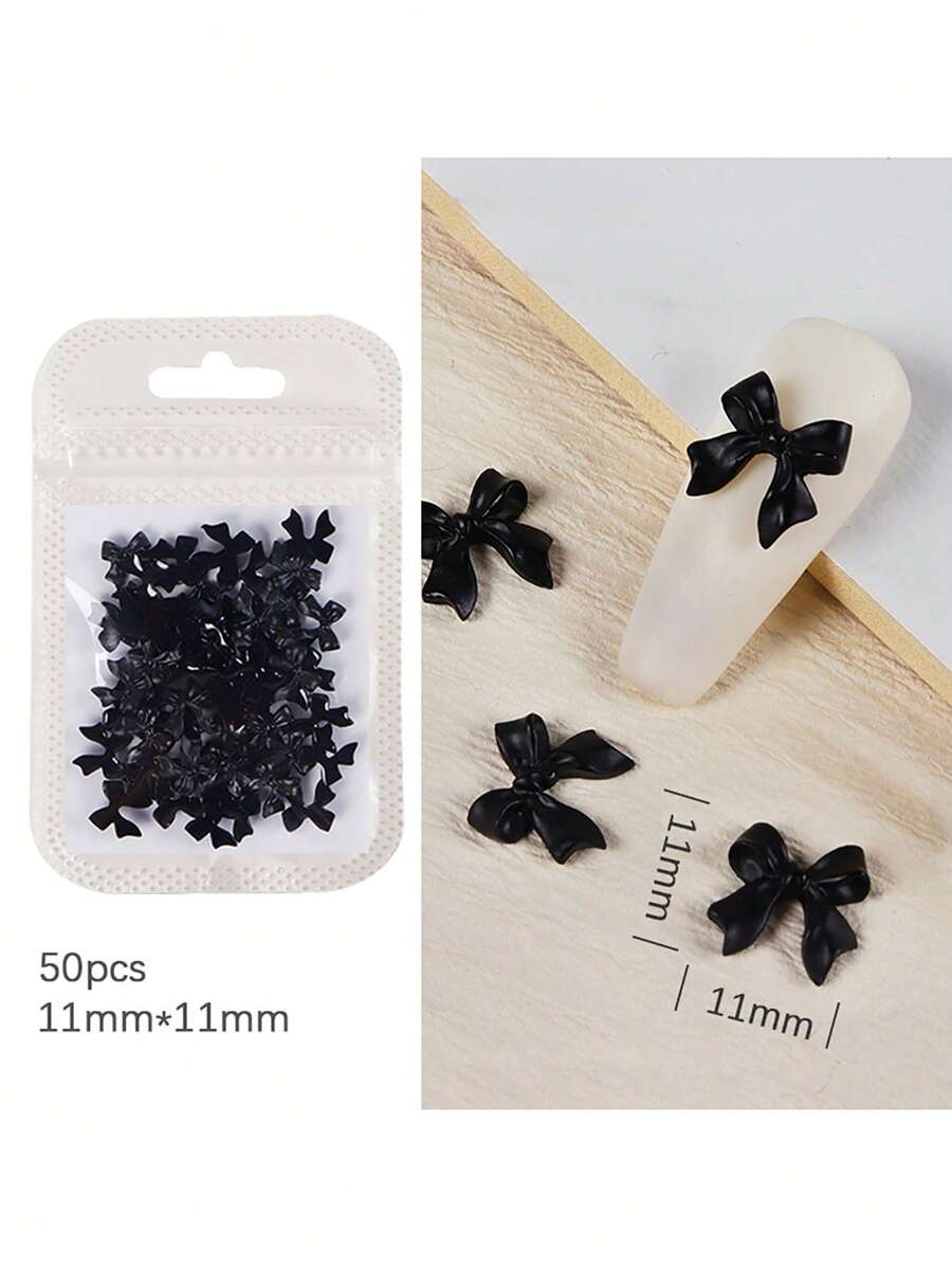 50pcs Black Resin Bowknot Design 3d Nail Art Decoration With Rhinestone Nail Accessory DIY Nail Charms Nail Gems Nail Supplies