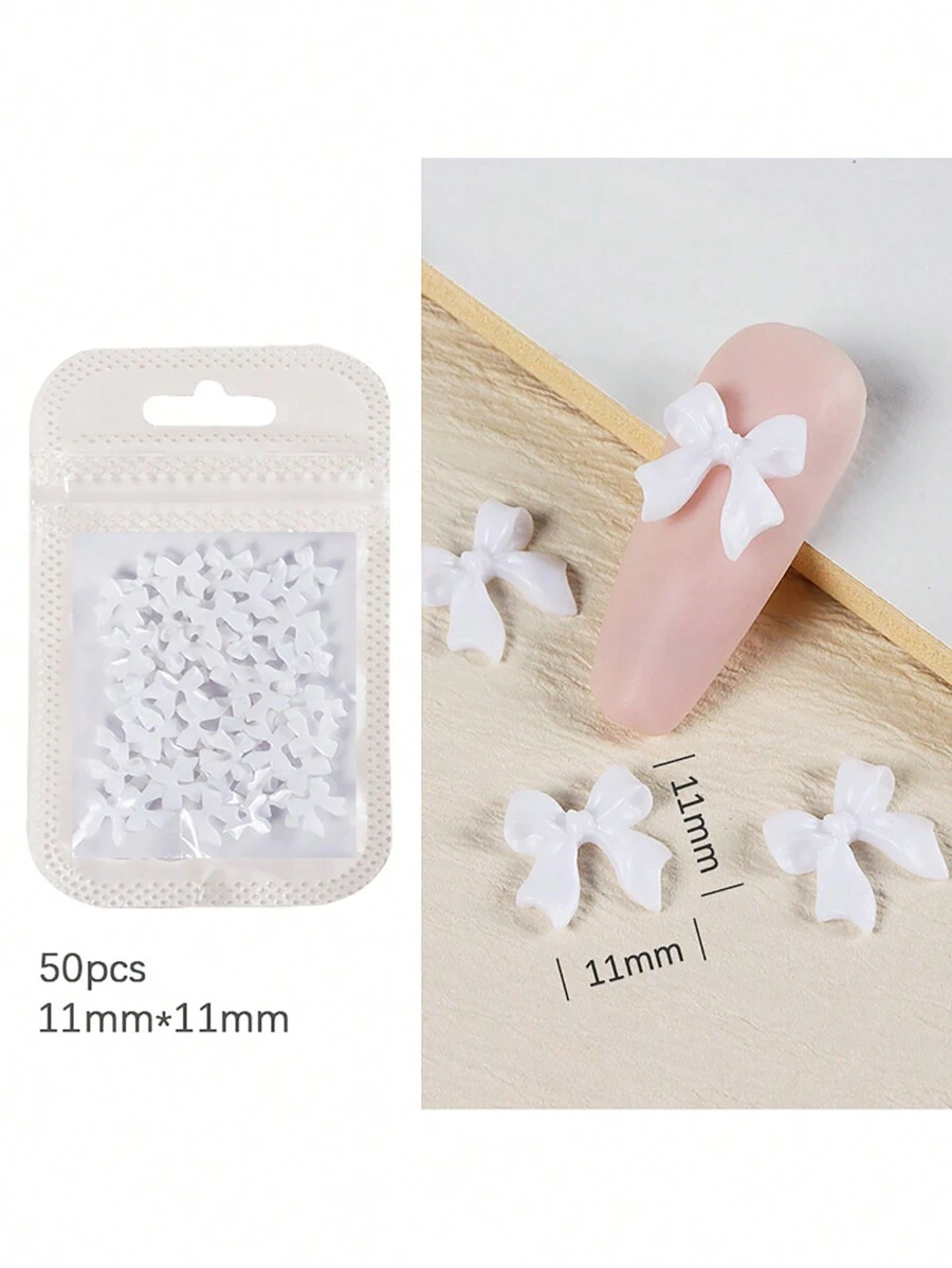 50pcs Resin White Bowknot & Streamers 3d Nail Art Decoration With Rhinestone Nail Accessory DIY Nail Charms Nail Gems Nail Supplies