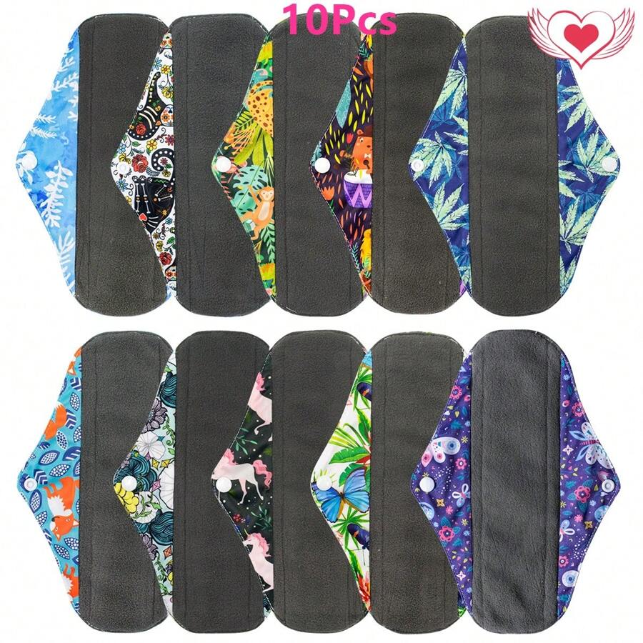 10 piezas de toallas sanitarias reutilizables y lavables, forros sanitarios de tela reutilizables, almohadillas menstruales de carbón de bambú para incontinencia menstrual pesada, toallas sanitarias de color aleatorio