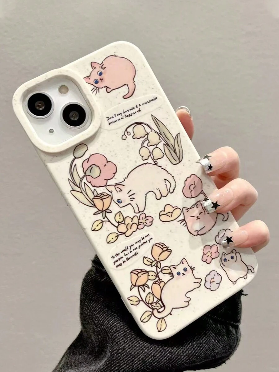 Summer 1pc White Case With Cat Playing Flower Design Compatible With Iphone