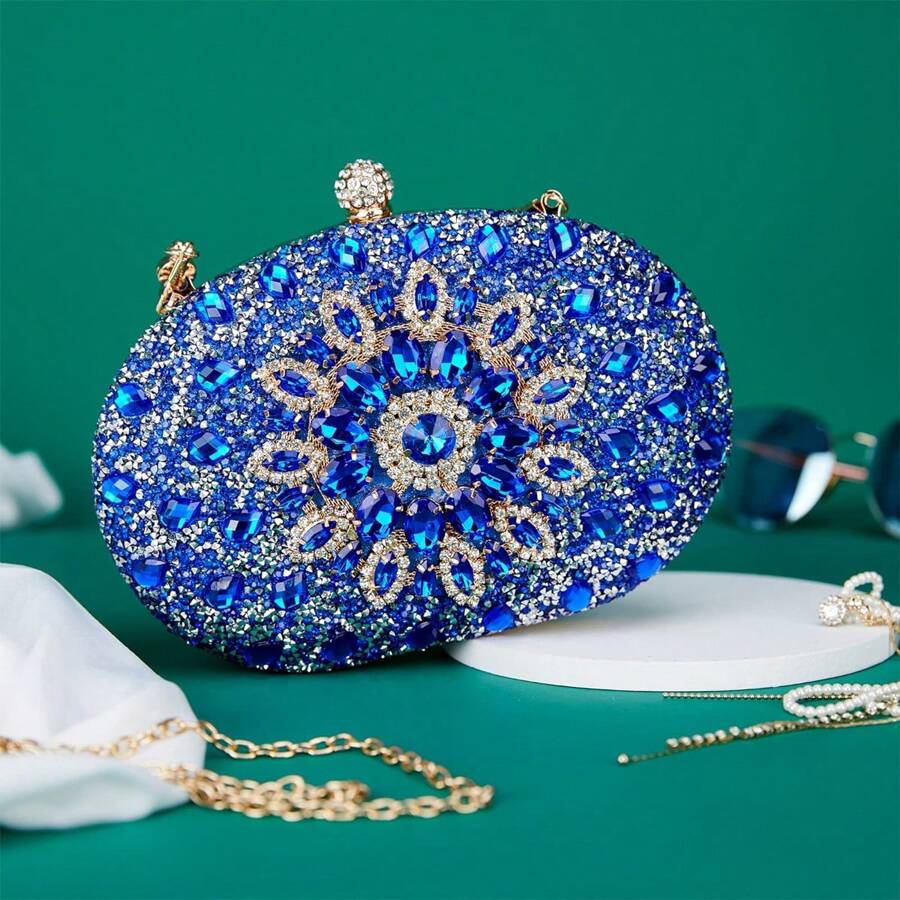 Cadeia Strass Bloco de cores Glamour Clutch Bolsa Feminina da Moda