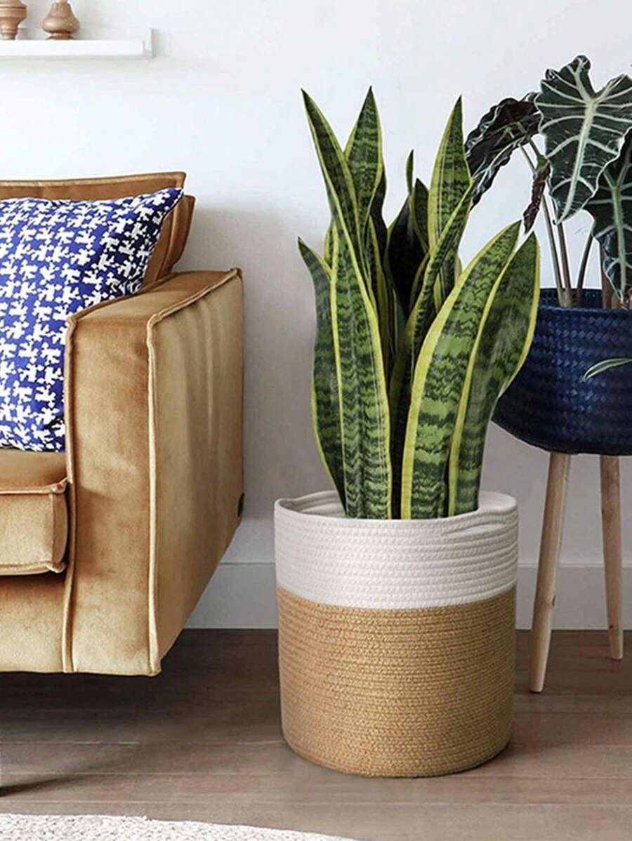 1 pieza Cesta tejida de gran capacidad, soporte para maceta de flores, organizador de almacenamiento para plantas, juguetes, ropa, cosméticos