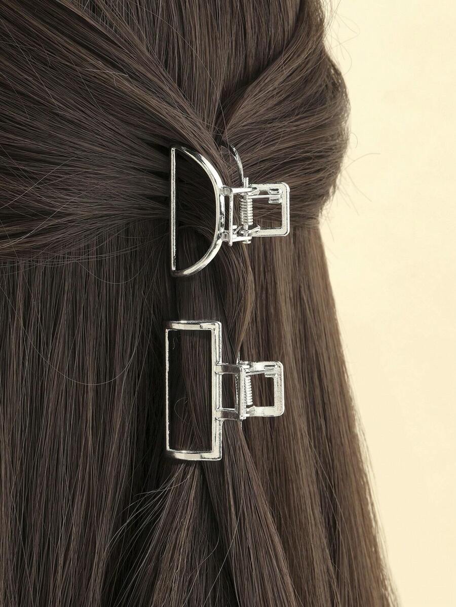 2pcs Women's Small Size Silver Rectangle & Semi-Circle Shaped Metal Barrettes With Hollow Out Design, Zinc Alloy Material Casual,Y2k Hair Claws Claw Clips Hair Clips Hair Jaw Clip Hair Clamps Hair Clutch Hair Catcher Clip, School Stuff, College