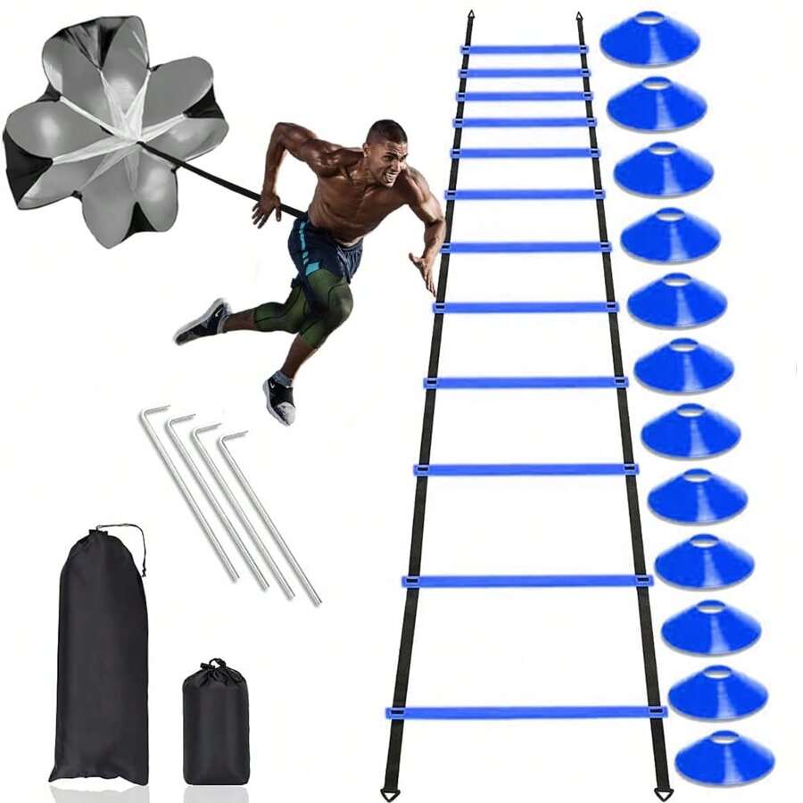 Ensemble d'entraînement de vitesse et d'agilité Pro - Comprend une échelle d'agilité réglable de 20 pieds avec 12 échelons et un sac de transport, 12 cônes de disque, 4 sardines en acier, 1 parachute de résistance pour sports de football, basketball, boxe et travail des pieds
