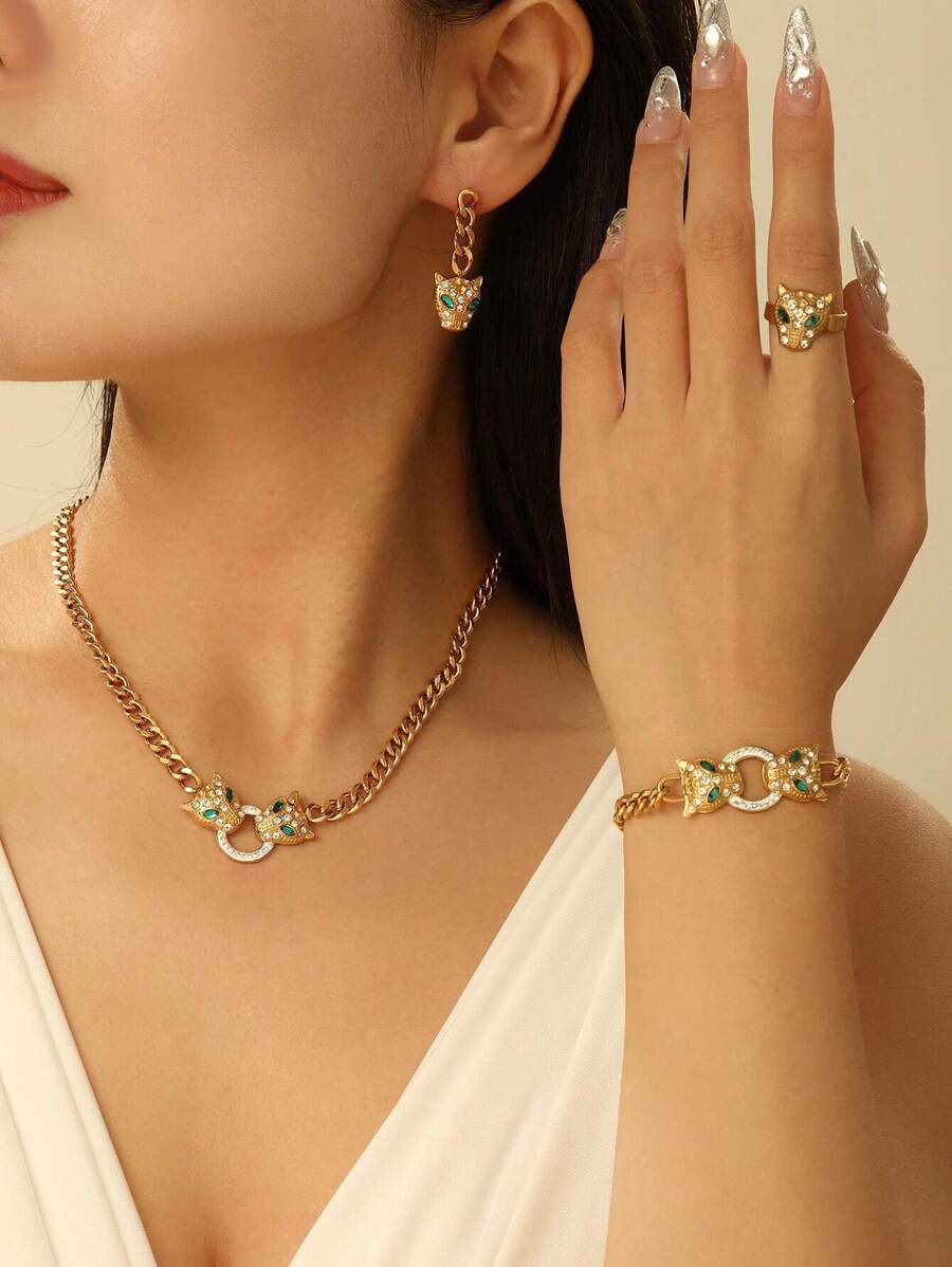 Ensemble De Bijoux En Acier Inoxydable Plaqué Or 18k Avec Tête De Léopard, 5 Pièces