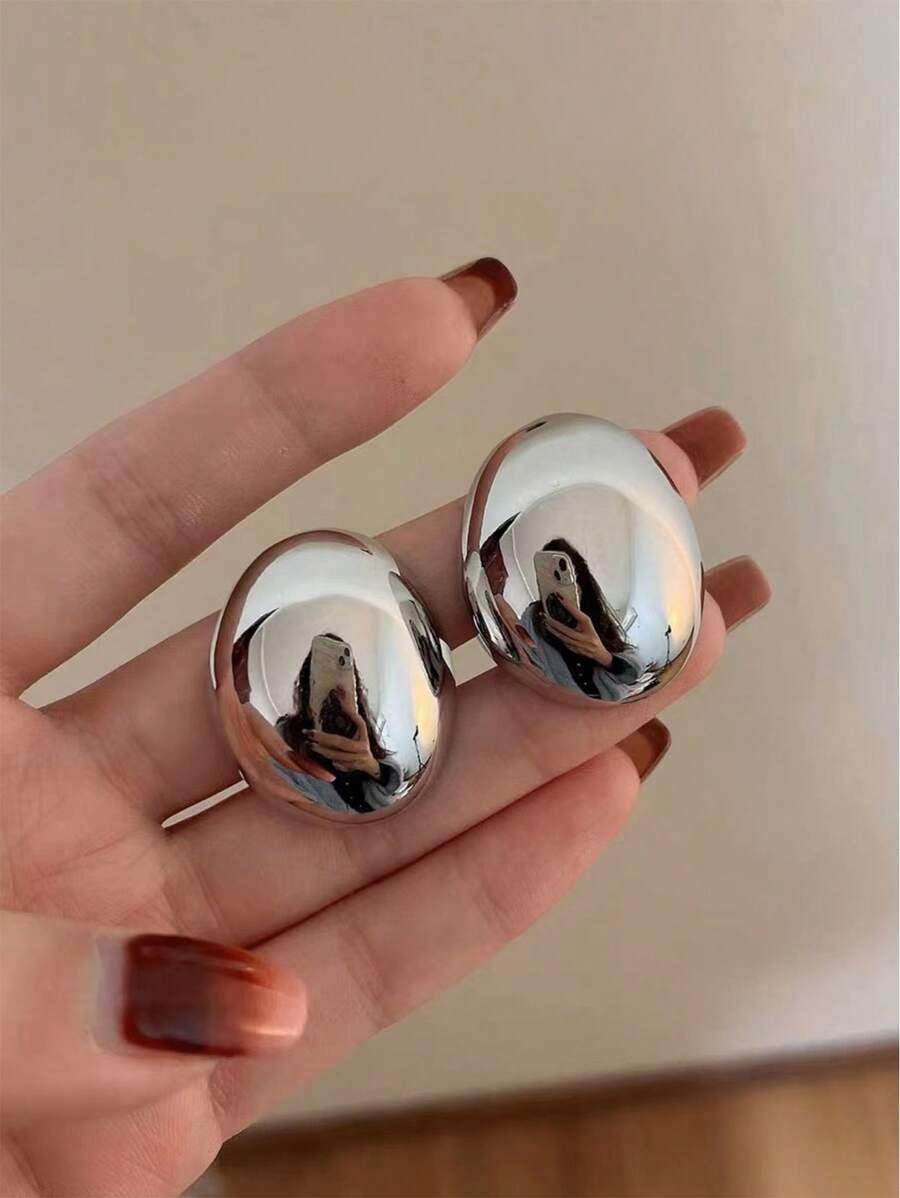 1 Pendiente Redondo De Metal Plateado Skc Personalizado, Exagerado Y Diseñado Especialmente Para Mujeres Con Pendientes De Botón