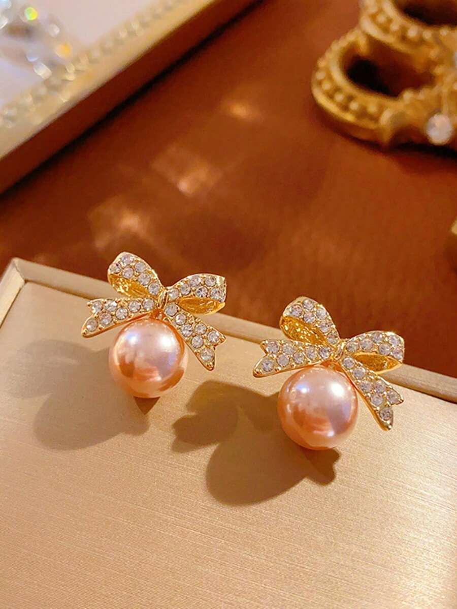 1 par de Brincos Tipo Laço Elegante e Minimalista com Pérola Falsa e Cristal, Dia dos Namorados, Dia das Mães, Presente