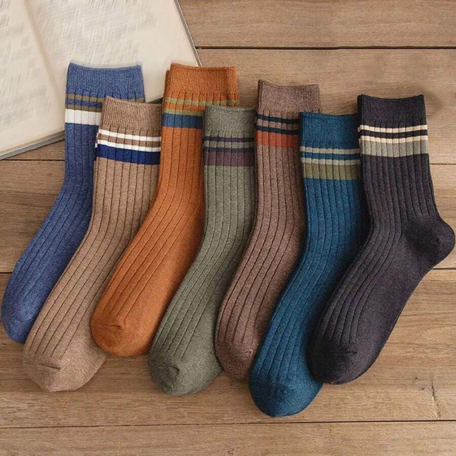 Conjunto De 7 Pares De Calcetines Multicolores A Rayas Para Negocios Y Ocasiones Casuales Para Hombres, Con Función De Desodorización Y Transpirabilidad