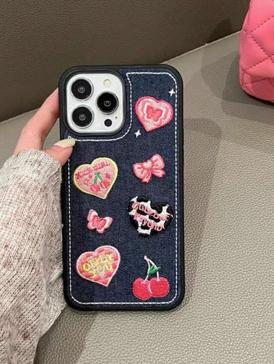 Sommer Ins Mädchen Stil Bestickte Herz & Schmetterling Design Denim Handyhülle Kompatibel Mit Iphone15/15plus/15pro/15promax 12/13/14promax, Stoßfest