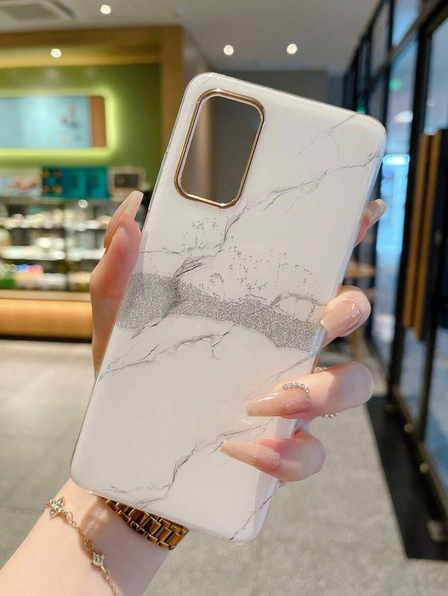 1pc Imd White Marble Pattern Protective Phone Case