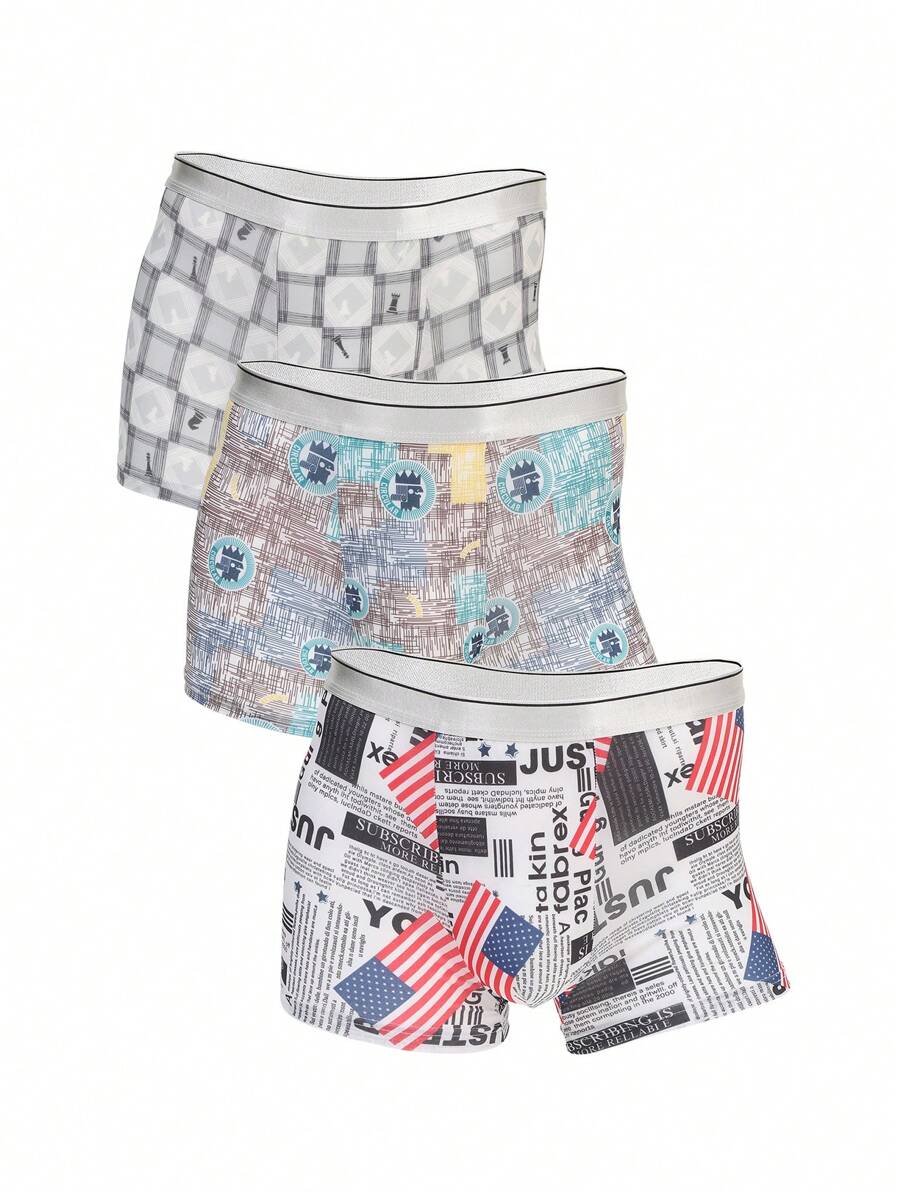 New Arrival 3pcs Iced Silk Men's Underwear, Printed, Highly Elastic, Comfortable, Antibacterial, Breathable Mid-waist Boxers