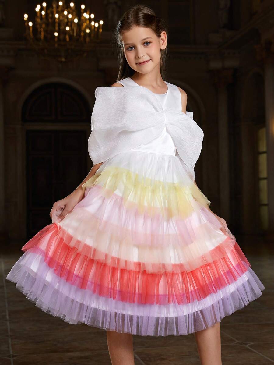 Tween Girl's Sleeveless Rainbow Mesh Hem Dress With Big Bow Detail