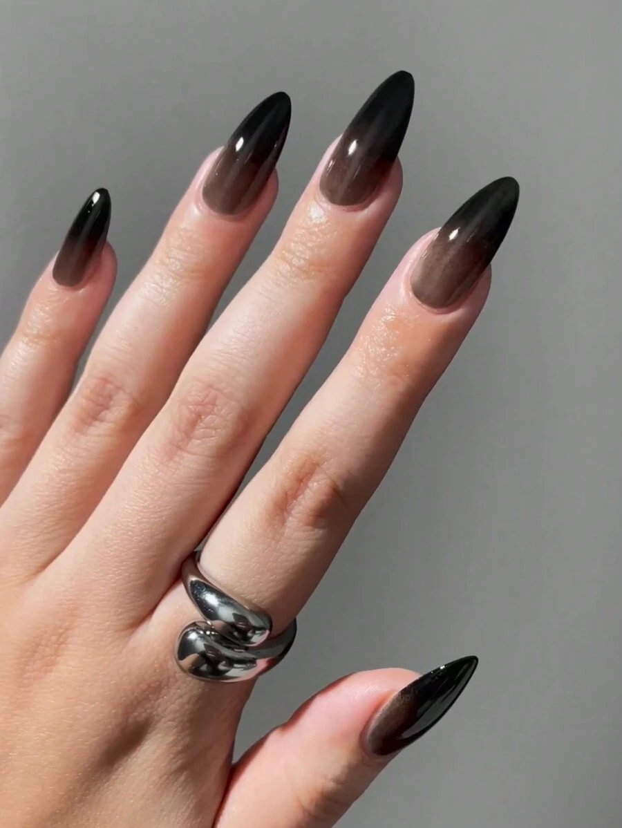 Elevate Your Style With,24pcs Long Almond Black Gradient Translucency Design Fake Nail Set,Contain 1pc Jelly Glue And 1pc Nail File, For Daily Wear By Women And Girls Press On Nails Nail Supplies