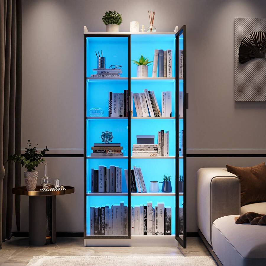 Lvifur Tall Storage Cabinet 70 inches, 3 Color Dimmable LED Kitchen Pantry Cabinet with Human Body Induction, 5 Tier Bookcase Display Cabinet with Adjustable Shelves for Living Room Office