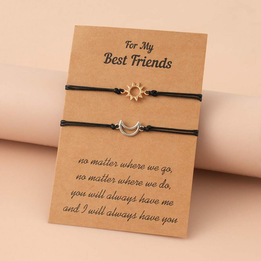 2 Piezas Simple Pulsera De La Amistad De Hombres De Aleación De Aluminio Con Diseño De Sol Y Luna Para Estilo Retro