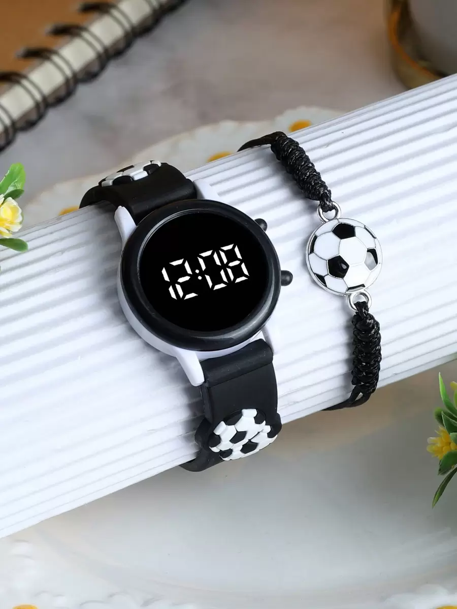1 Piece Of Cute Circular LED Children's Wristband With Football Pattern Featuring Boy And Girl Designs, A Digital Electronic Sports Watch For Children, And 1 Fashionable Alloy Football Bracelet Suitable For Daily Wear And As A Gift.