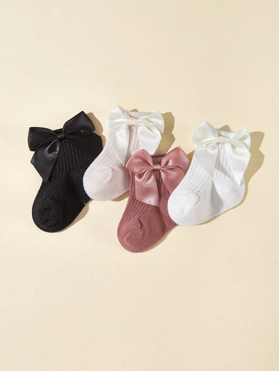 4pairs Baby Girls' Bow Knot Decor 3d Effect Mid Calf Socks For All Seasons