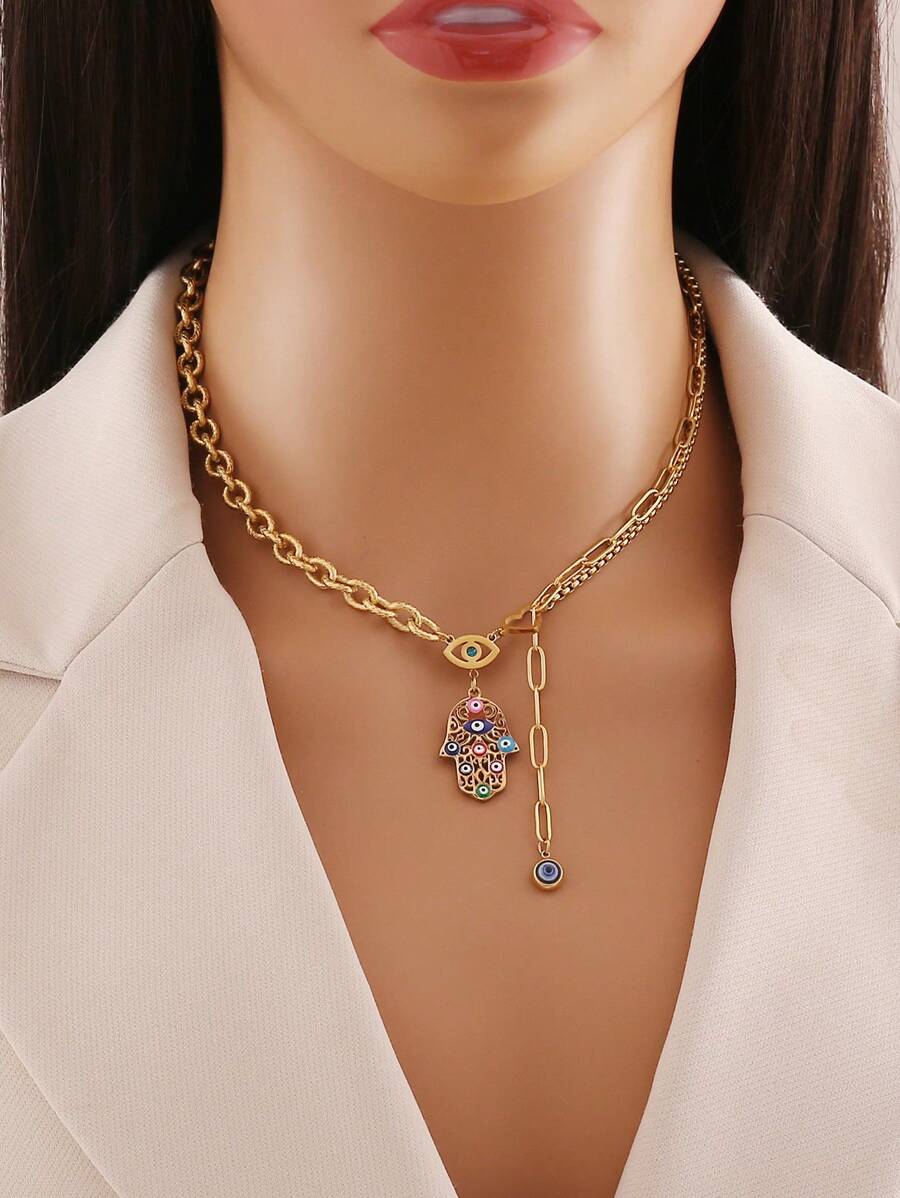 Freegrow 1pc Oil Drop Eye Decor Hamsa Hand Shaped Pendant Necklace, Suitable For Women's Daily Wear
