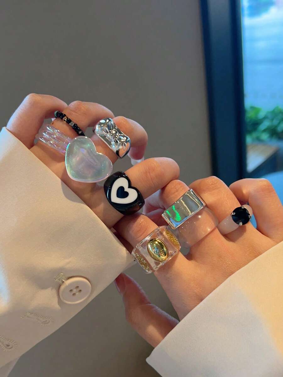 9pcs/set Fashionable Transparent Resin Rings In Multiple Colors For Women's Party, Punk Style Ring Set As Gift For Girls