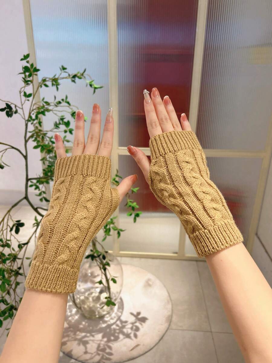 1pair Autumn And Winter Warm Half Finger Knitted Woolen Student Writing Gloves Without Finger Cover For Women