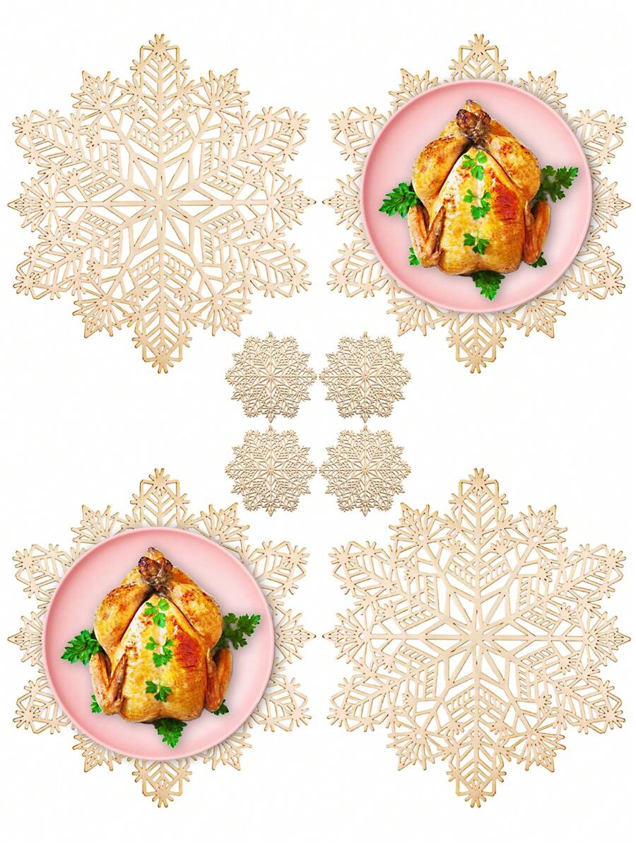 8pcs/set (4pcs Gold Hollow Out Snowflake Pvc Placemats And 4pcs Coasters) With Water Resistant, Easy To Clean, Wipeable, Slip Resistant, Heat Resistant Qualities For Dining Table, Holiday Wedding Party Festival Decor