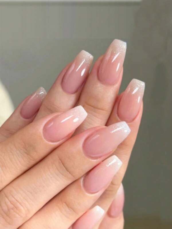 Upgrade Your Appearance With Medium Length Coffins In Nude Glitter Pink Pure Desire Fake Nail