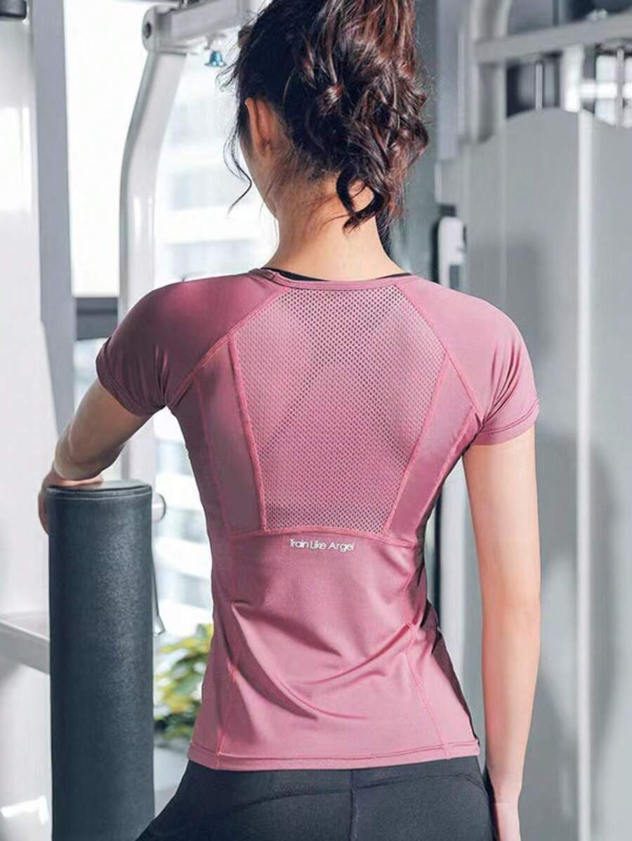 1pc Rosy Red Quick-Drying Breathable Yoga T-Shirt For Women, Slim Fit Fitness Training Top For Running And Yoga Basic T-Shirt