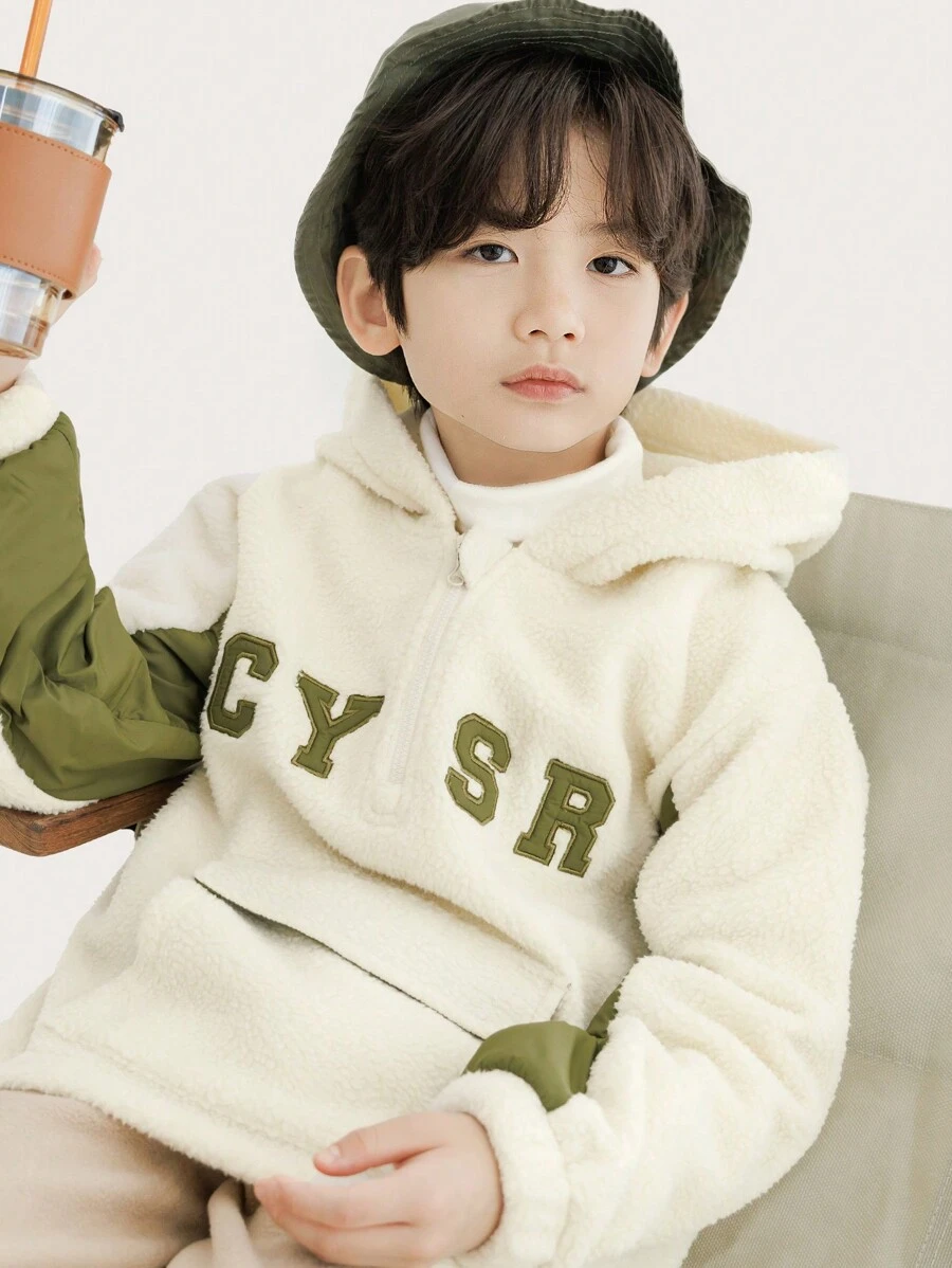 Tween Boys' Casual Half Zip Hooded Pullover Sweatshirt With Embroidered Letter, Colorblock & Thermal Lined , Winter