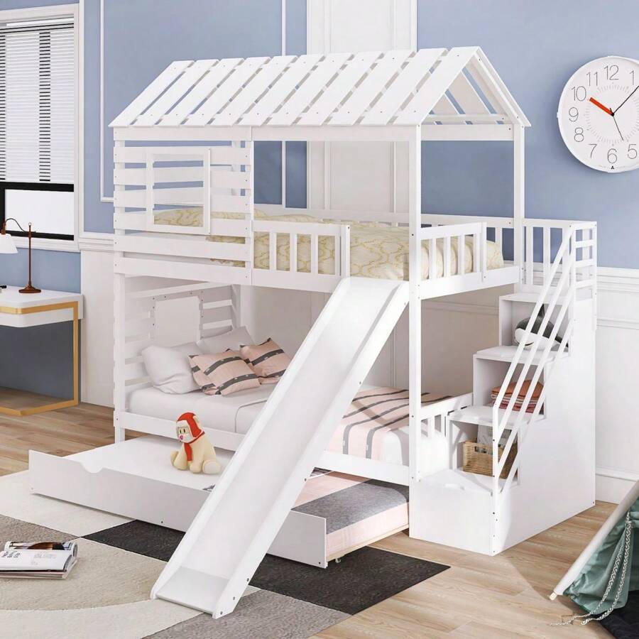 Stairway Solid Wood House Bed Twin Over Twin Floor Bunk Beds, Bunk Bed with Trundle and Slide, Storage Staircase, Roof and Window Design