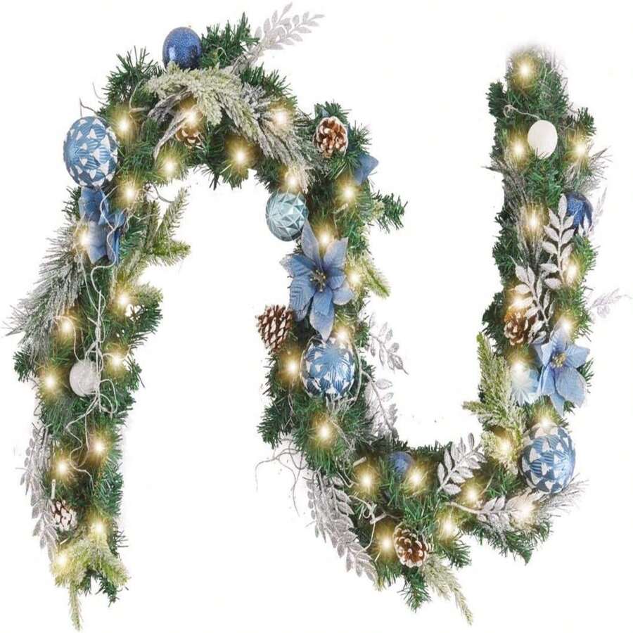 Debao Pre-Lit 6 ft Silver Blue Christmas Garland Decor with Lights for Front Door Lighted Christmas Mantel Garland Decoration