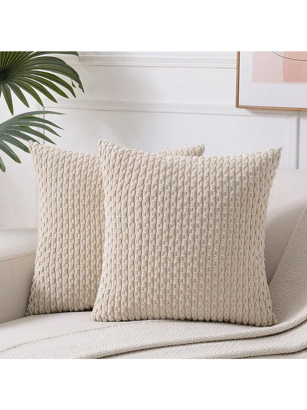 1pc/2pcs Bohemian Striped Soft Plush Corduroy Solid Color Square Pillow Cover (Pillow Insert Not Included), Suitable For Holiday, Sofa, Bedroom, Bed, All Season Use