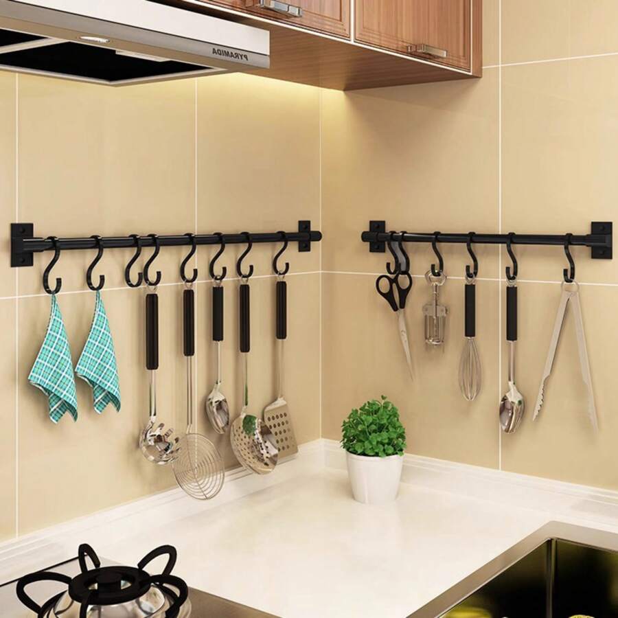 Estante multiusos de aleación de aluminio negro sin agujeros con diseño de 2 barras, para utensilios de cocina, toallas de baño y esponjas. Disponible en 30 cm (4 ganchos), 40 cm (6 ganchos) y 50 cm (8 ganchos), 3 estilos