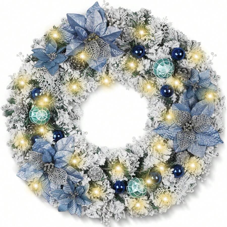 Christmas Wreath for Front Door Wreath, 24 Inch White Christmas Door Wreath with LED Lights, Battery Operated, Blue Flowers and Ball Ornaments for Outdoor Front Door, Wall and Window Decor