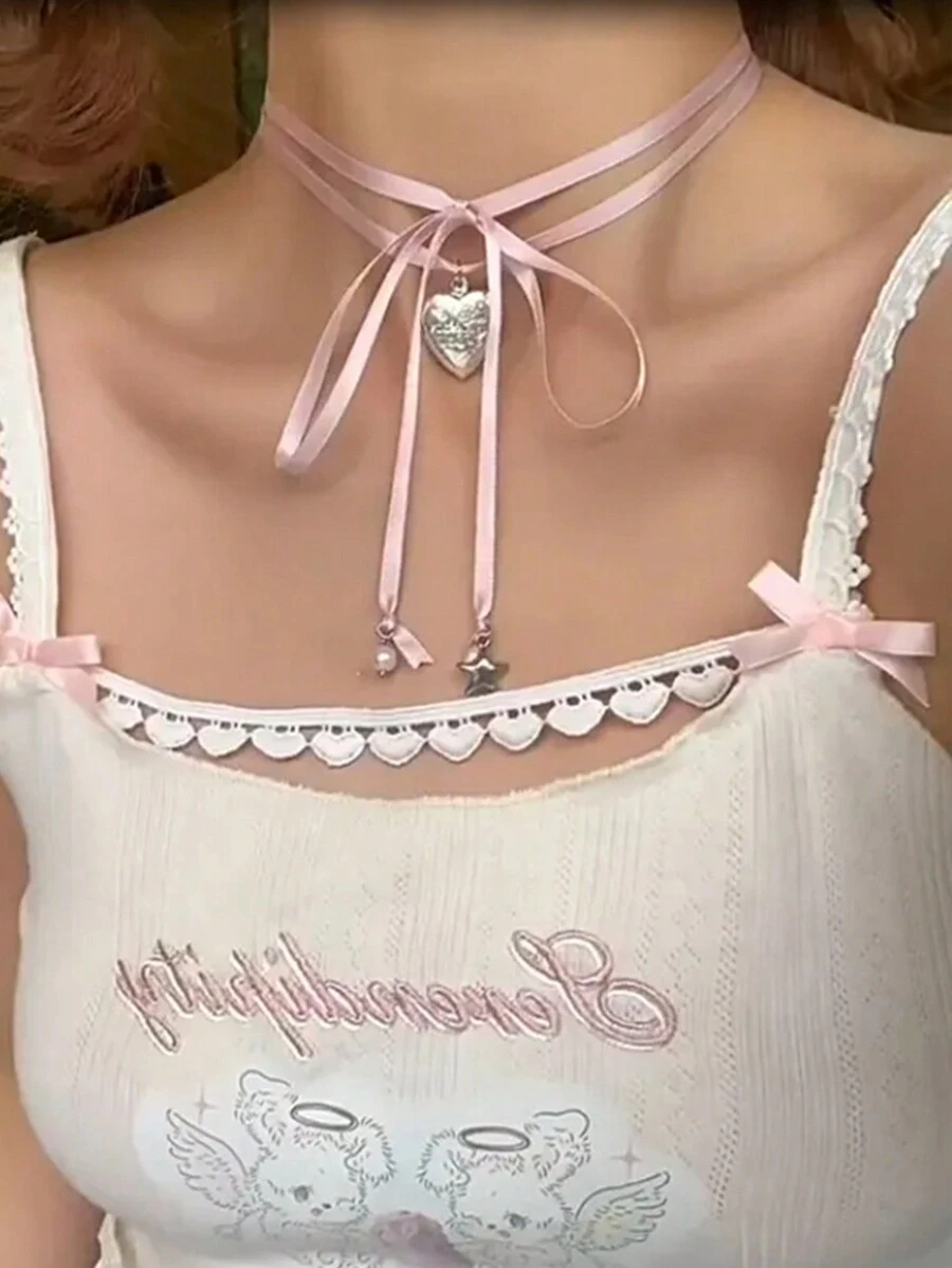 1 Pieza Collar De Colgante De Dama De Amor Con Cinta Rosa Empilada Retro De Moda Harajuku Dulce Y2k, Joyería De Regalo