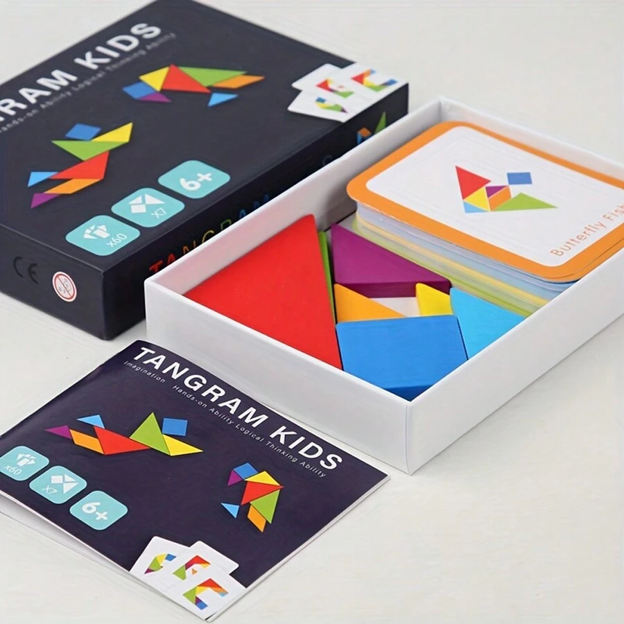 Juego de Rompecabezas de Tangram de Madera con 60 Tarjetas de Patrones, Juguete Educativo de Formas Geométricas Montessori, Mejor Regalo para Decoración de Habitación en Invierno, Rompecabezas, Juguetes para Niños, Gadgets para Niños, Regalo para Niños, Juguetes Educativos para Niños