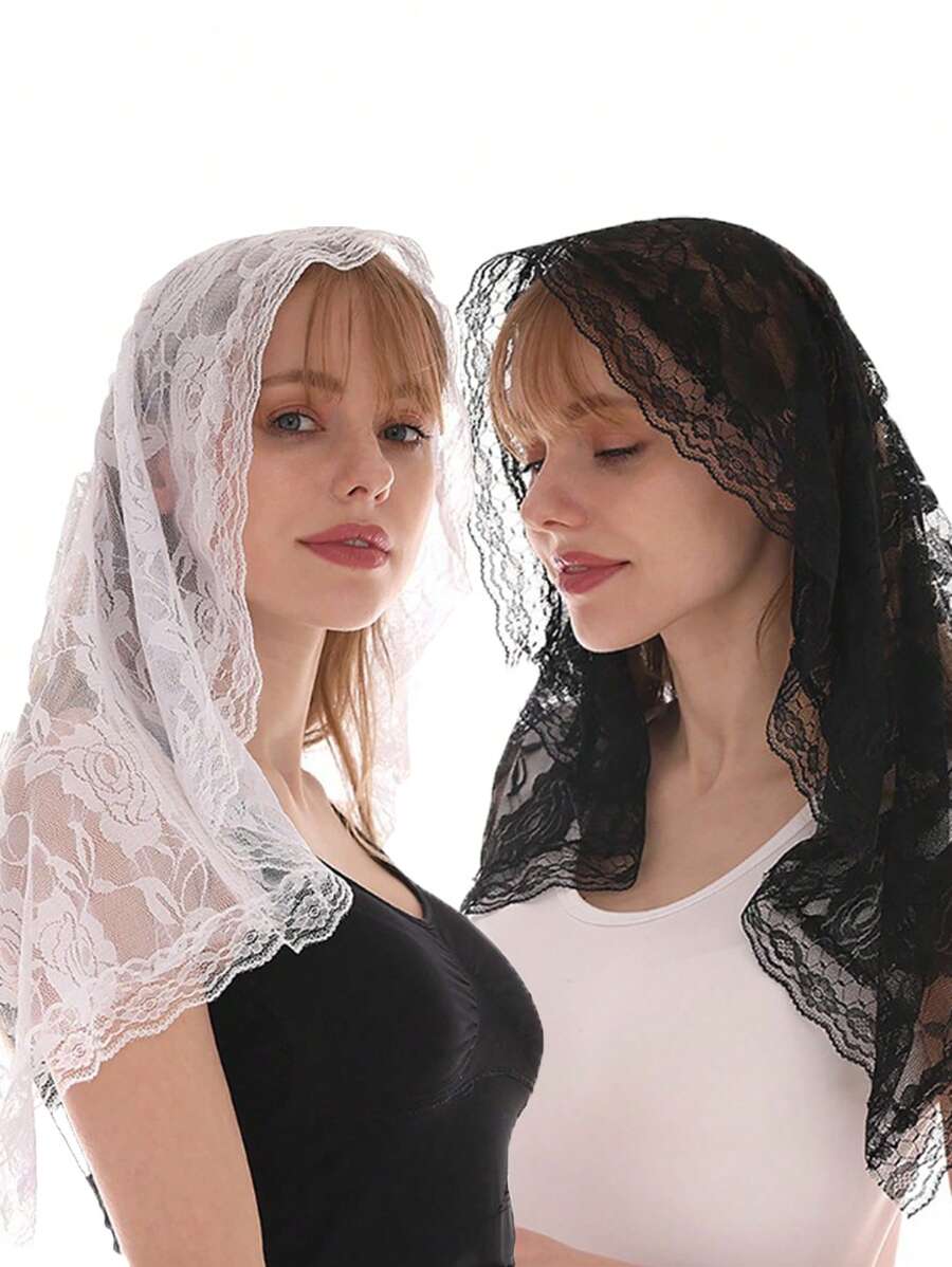 1pc Women's Elegant Solid Color Embroidered Rose Flowers Bridal Semi-Circle Head Veil Scarf For Wedding Valentine's Day Valentines