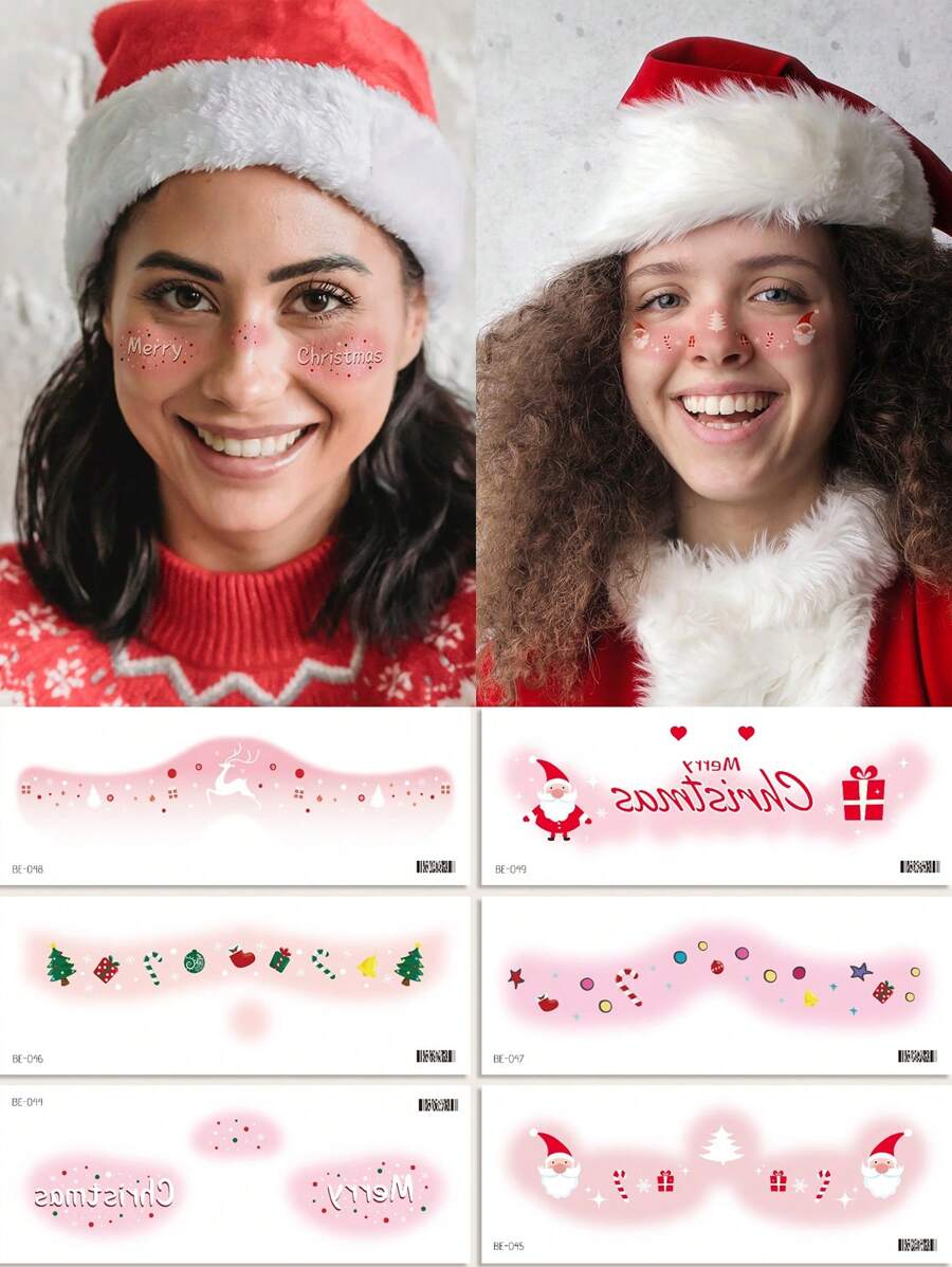 6 Sheets Pink Santa Claus Temporary Face Tattoos, Christmas Gifts, Family & Holiday Party Decorations, Party Favors