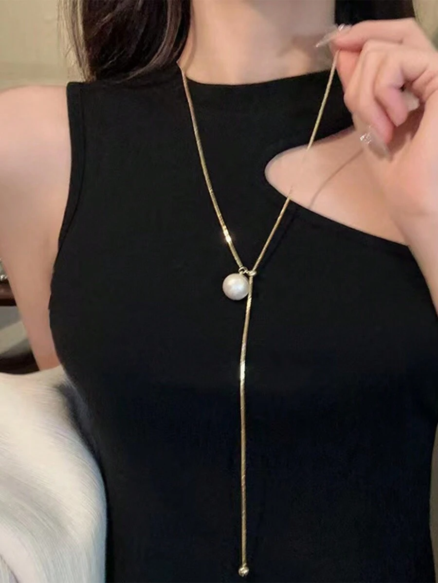 1pc Simple Titanium Steel Faux Pearl & Snake Chain Pendant Necklace
