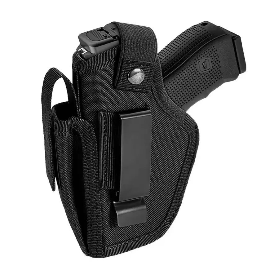 1 szt. Kabura pistoletowa 9 mm, pistolet nie jest dołączony. Odpowiedni zarówno dla mężczyzn, jak i kobiet, z kieszenią na czasopisma do ukrytego noszenia IWB/OWB. Kabura Premium przeznaczona do broni palnej subkompaktowej - Wewnętrzny pasek w talii do ukrytego noszenia - Idealny zarówno dla mężczyzn, jak i kobiet - Zawiera akcesoria myśliwskie i strzeleckie. Ukryta kabura na pas, odpowiednia zarówno dla mężczyzn, jak i kobiet, kompatybilna z pistoletami takimi jak Ruger, SIG SAUER, Beretta, 1911 i innymi. Działa jako kabura pistoletowa, osłona broni palnej, broń