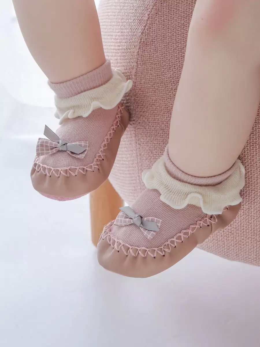 1pair Newborn Baby Princess Style Pink Bowknot Anti-Slip Floor Socks, Spring/Summer