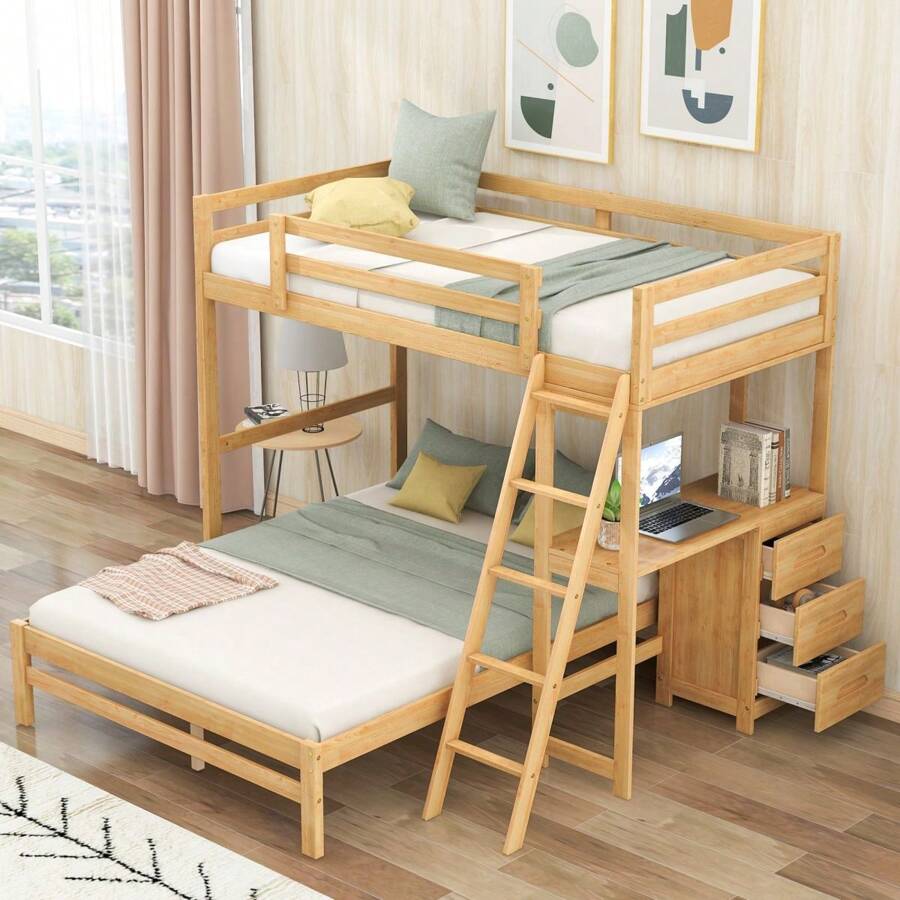 Twin Over Full Bunk Bed with Built-in Desk and Three Drawers, Solid Wood Bunkbed, Bed Frame with Safety Guardrail & Storage for Kids Bedroom