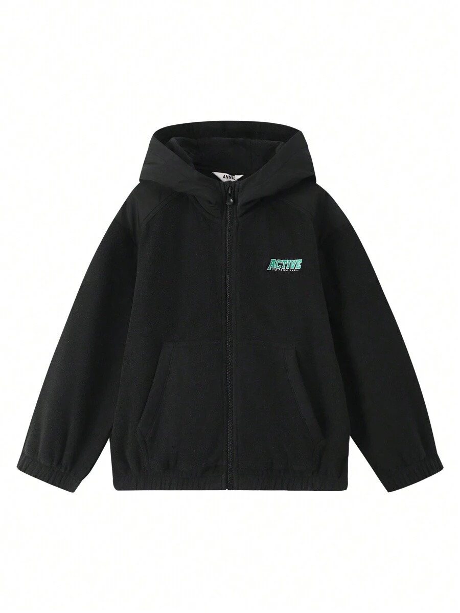 Annil Tween Girl-jassen lente- en herfst-trendy fleece-thermojack met capuchon en letterprint zwart