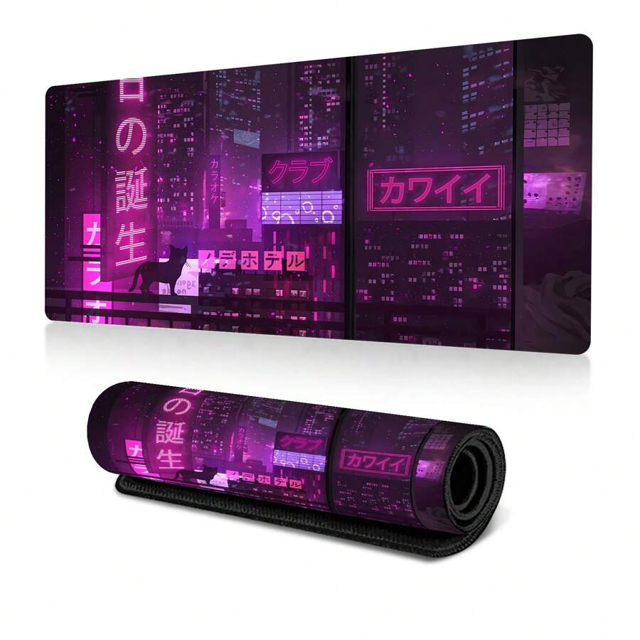1pc Cyber Vaporwave Style Gaming Mouse Pad, Extended Large Mouse Mat Big Mousepad, Keyboard Stitched Edges Big Mousepad For Computer Pc Laptop, 31.5×11.8in