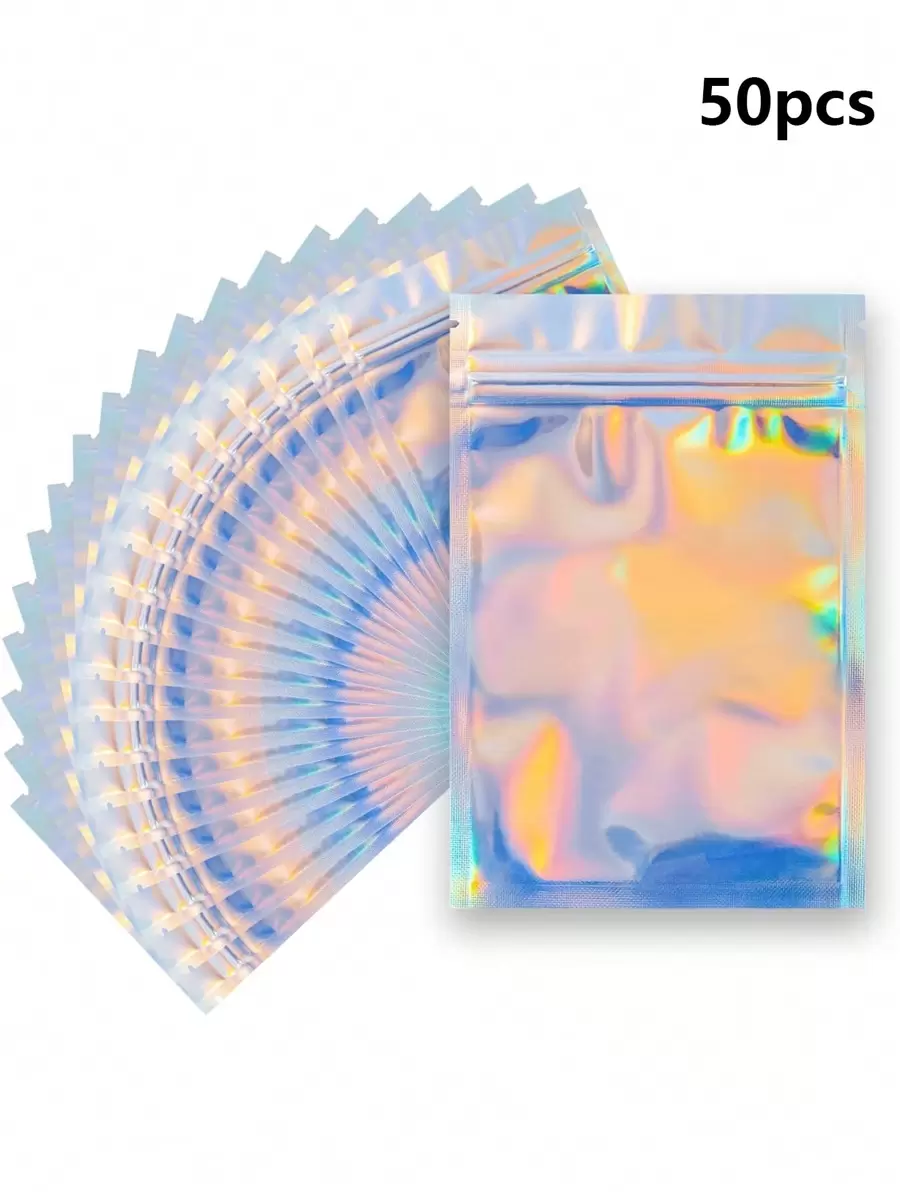 50 piezas Bolsa de regalo con diseño láser reflectante, bolsas reutilizables de varios tamaños con diseño de arcoíris láser, adecuadas para bolsas de dulces para pequeños negocios y bolsas con cierre automático para exhibir muestras, bolsas de regalo navideñas