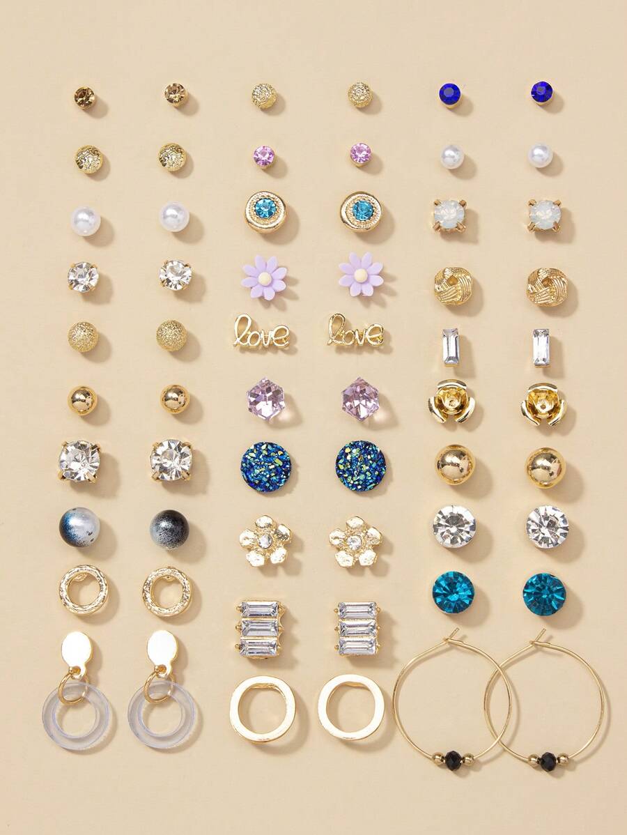 1 Set/30 Paare Zarte Metallmuschel Ohrringe, Falsche Perlen, Herz Formiges Geschenk Schmuck Set Für Frauen