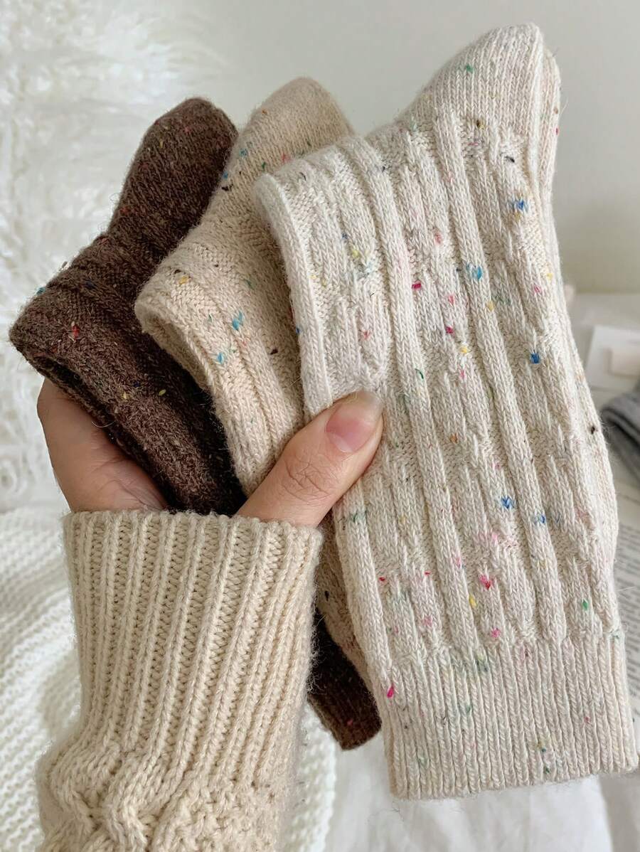 3pairs Women's Thick Warm Wool Vintage Style Mid-calf Socks For Autumn And Winter