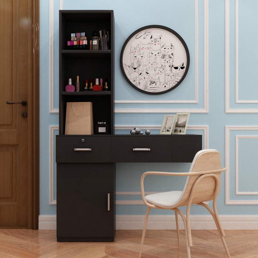 QQD Barber Station Wall Mounted Salon Station Hair Styling Beauty Spa Equipment With 2 Drawers, 1 Storage Cabinet, 3 Open Shelves